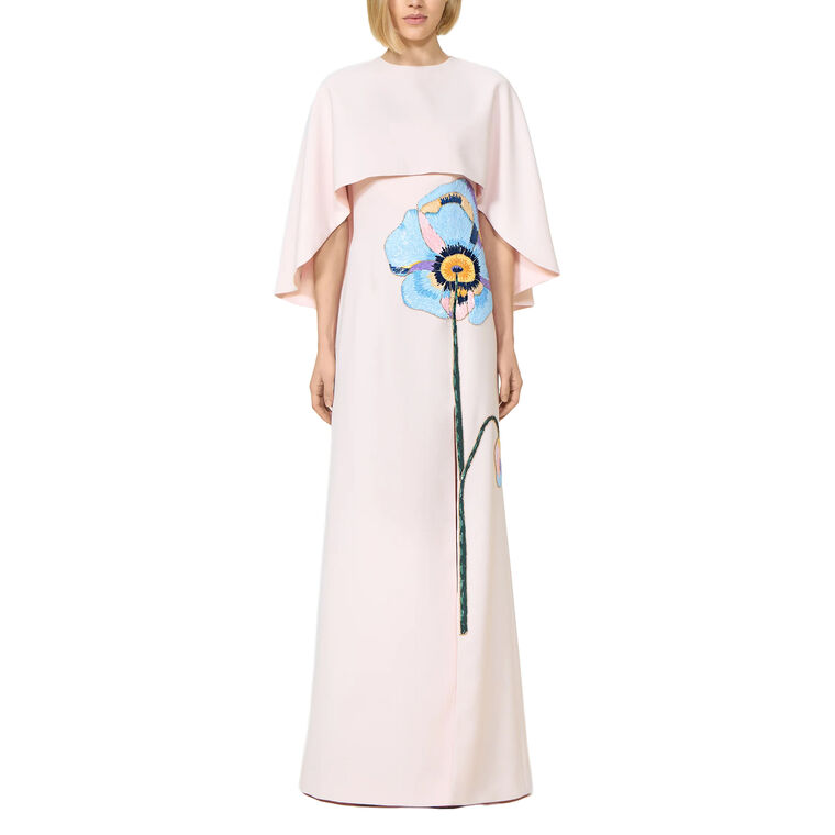 Jessine Strapless Floral Applique Crepe Gown With Cape image number null