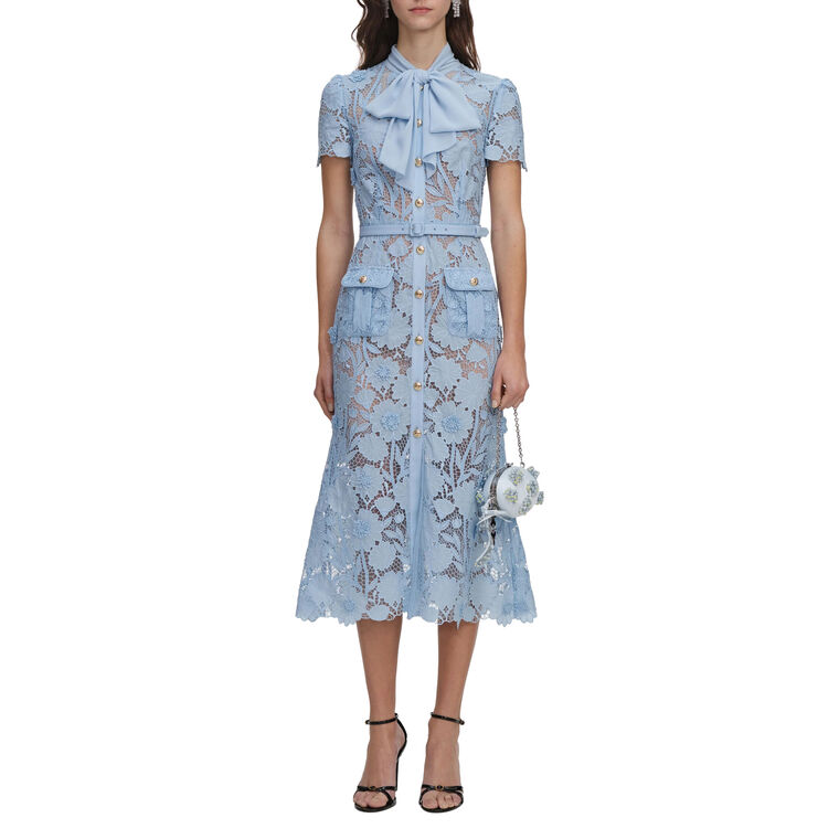 Short Sleeve Lace Tie Neck Belted Midi Dress image number null