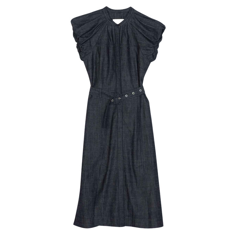 Denim Shirting Puff Sleeve Belted Midi Dress image number null
