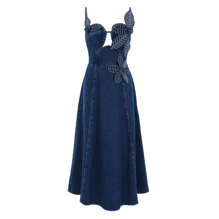 Sleeveless Denim 3D Flower Cut-Out Midi Dress image number null