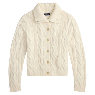 Cable Wool-Cashmere Mock Neck Cardigan Sweater