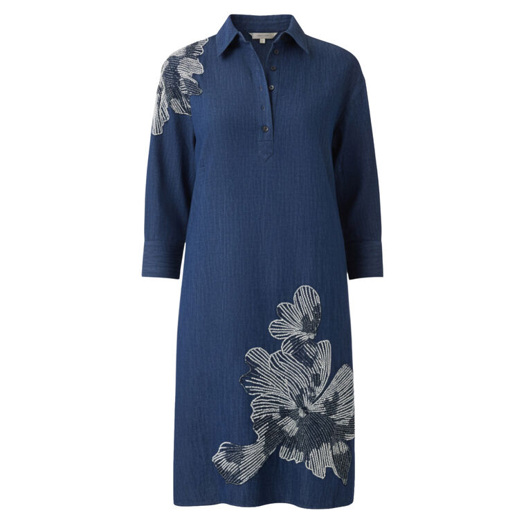 Denim Shirt Collar Tunic Beaded Trim Dress image number null