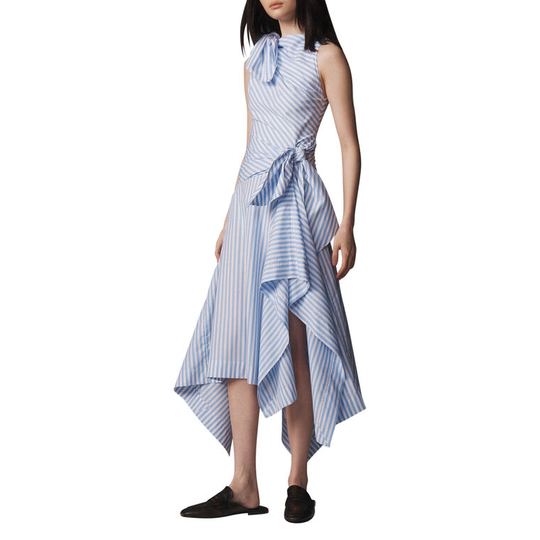 Sleeveless Bow Drape Pinstripe Shirting Cascade Midi Dress image number null