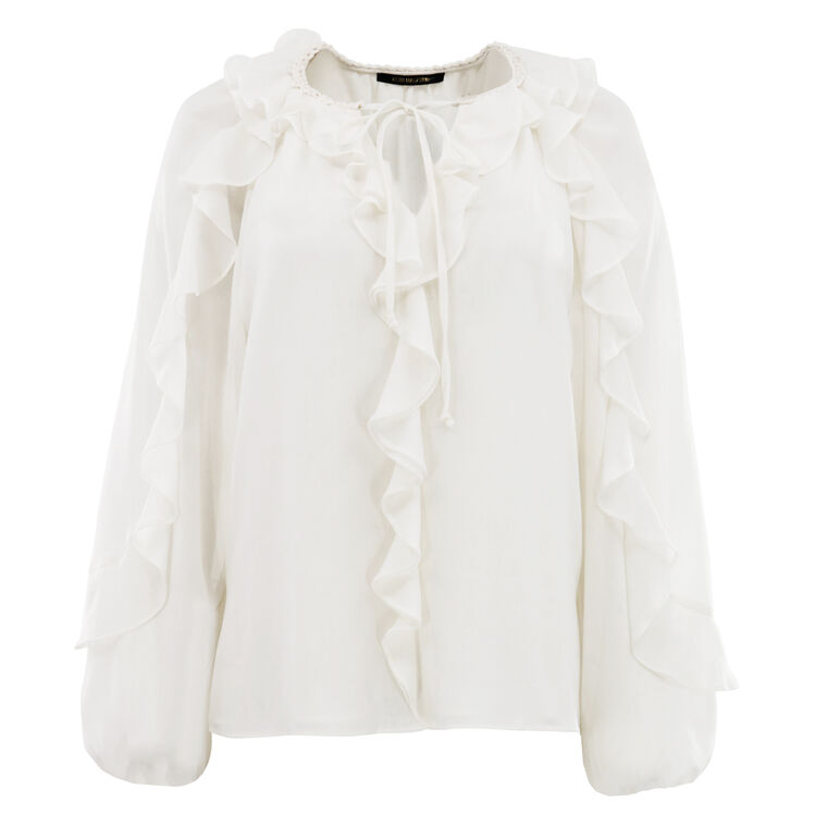 Bali Raglan-Sleeve Ruffled Crepe Chiffon Blouse image number null