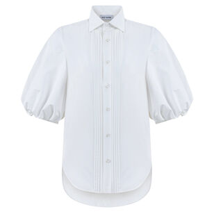 Cotton Poplin Bubble Sleeve Button Down With Structured High Collar