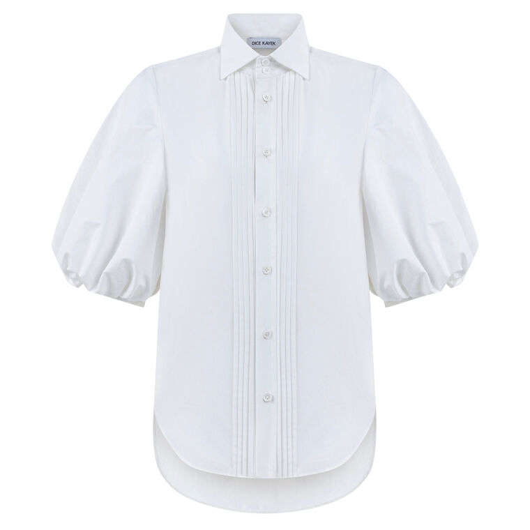 Cotton Poplin Bubble Sleeve Button Down With Structured High Collar image number null