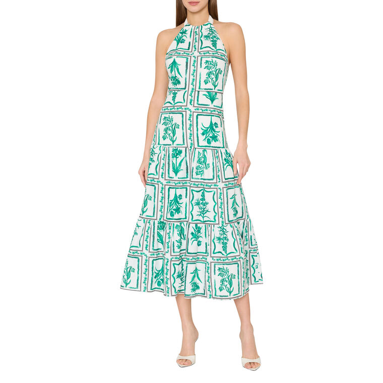 Hayden Sleeveless Halterneck Flora Tile Tiered Linen Midi Dress image number null