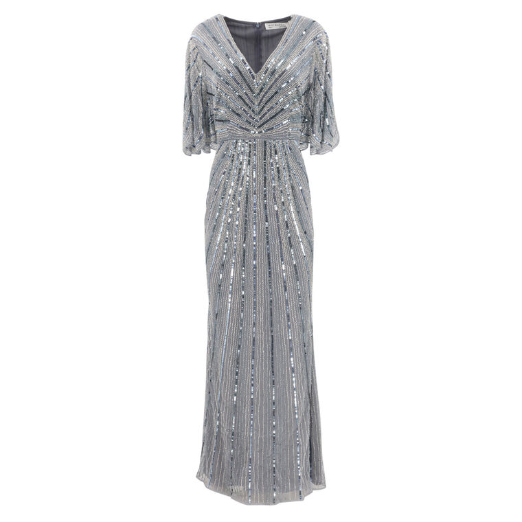 Sequined V-Neck Cape Sleeve Column Gown image number null