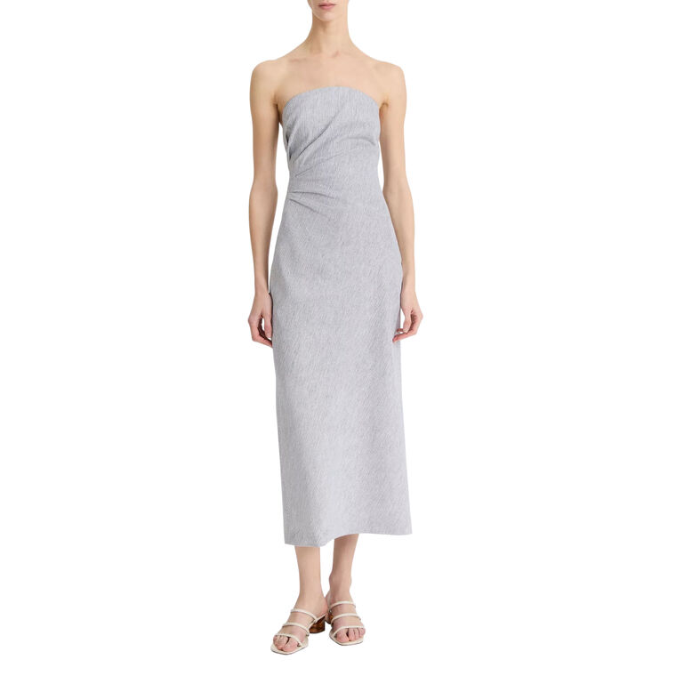 Ticking Stipe Linen-Cotton Draped Strapless Midi Dress image number null