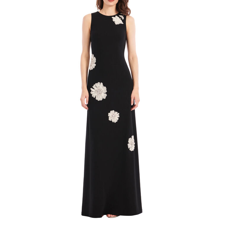 Sleeveless Crepe Gown With Applique Flowers image number null
