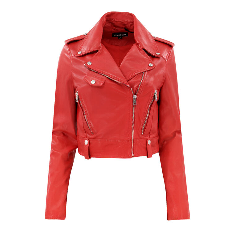 Ciara Cropped Leather Biker Jacket image number null