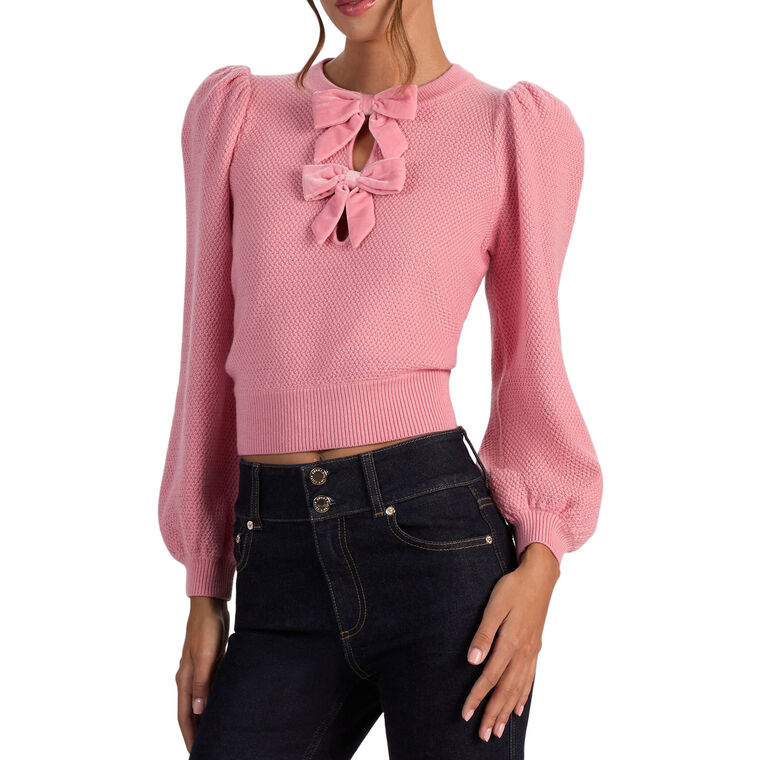 Doris Bow Detail Puff Sleeve Pointelle Pullover Sweater image number null