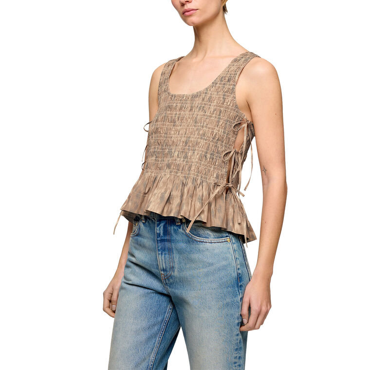 Printed Cotton Smocked Tie Strap Tank Top image number null