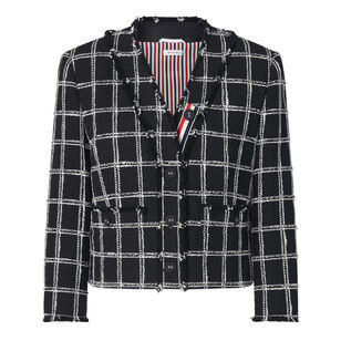 V-Neck Cardigan Jacket In Windowpane Houndstooth Tweed