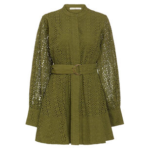 Hughes Long Sleeve Belted Eyelet Mini Dress