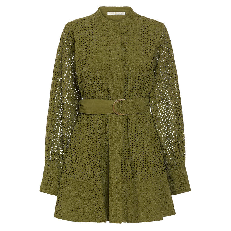 Hughes Long Sleeve Belted Eyelet Mini Dress image number null