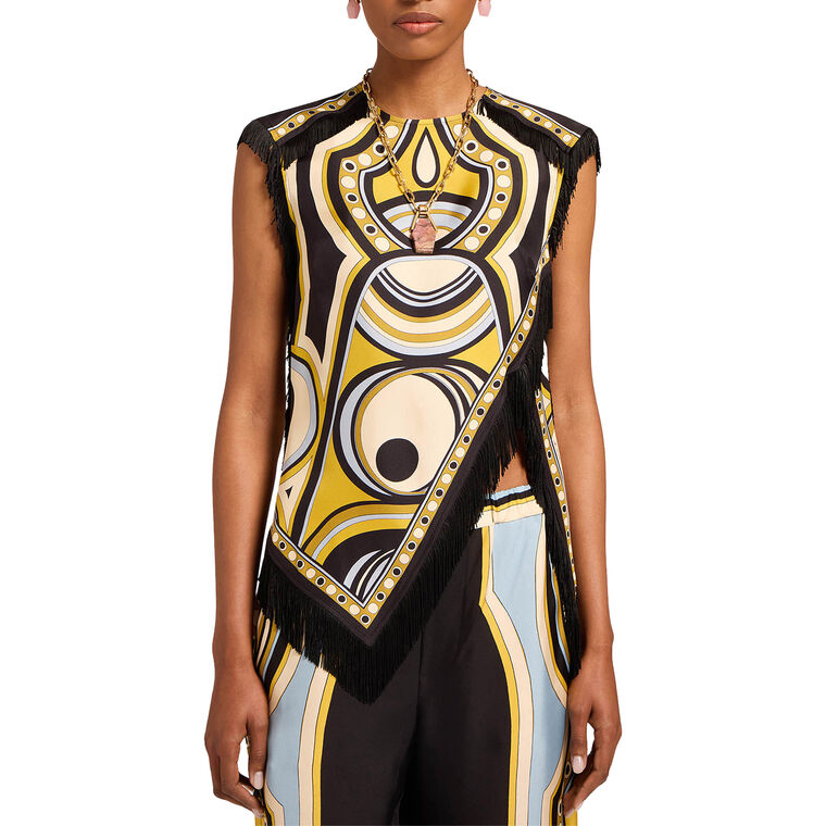 Silk Cap Sleeve Scarf Top With Fringe image number null