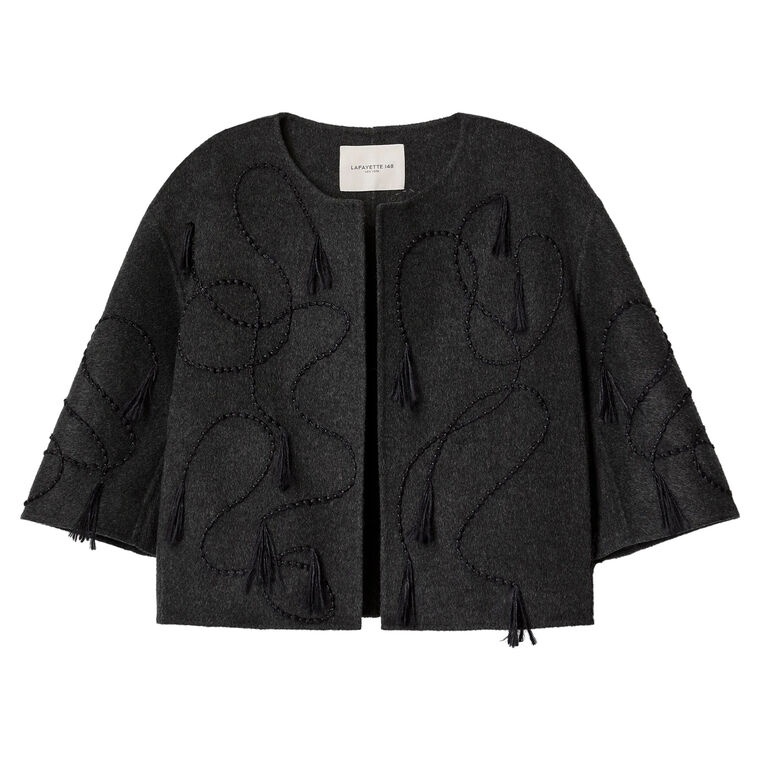 Hand Embroidered Tassel Detail Jewel Neck Jacket image number null