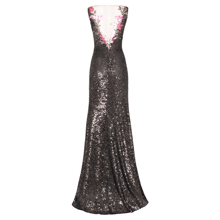 Sleeveless Floral Applique Stretch Sequin V-Neck Gown image number null