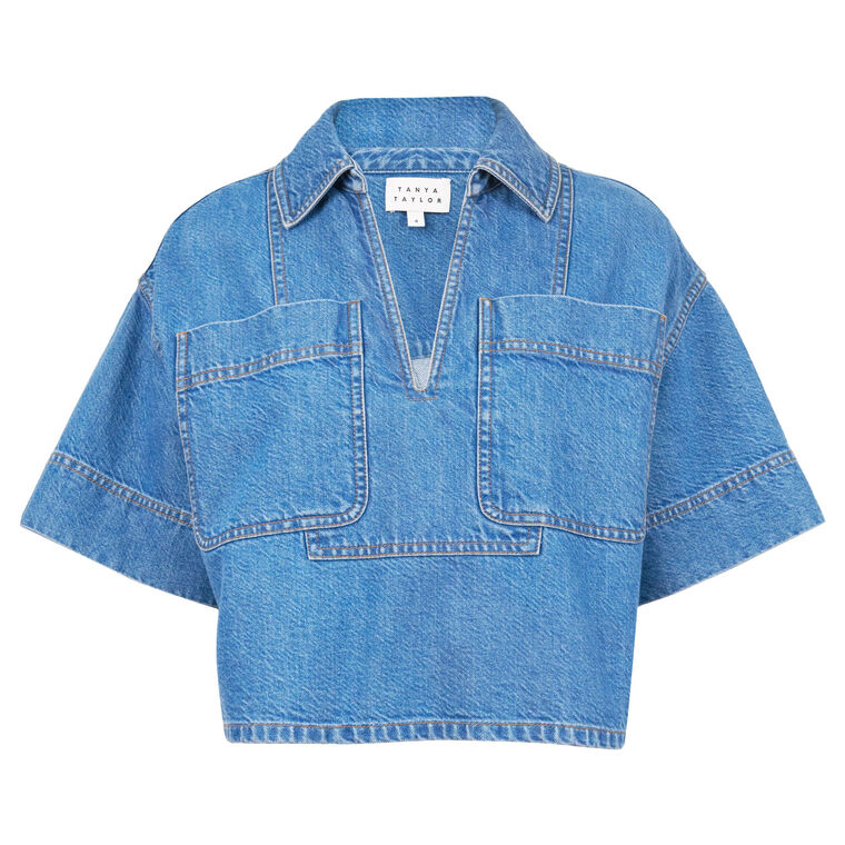 Jade Collared Short Sleeve Denim Top image number null
