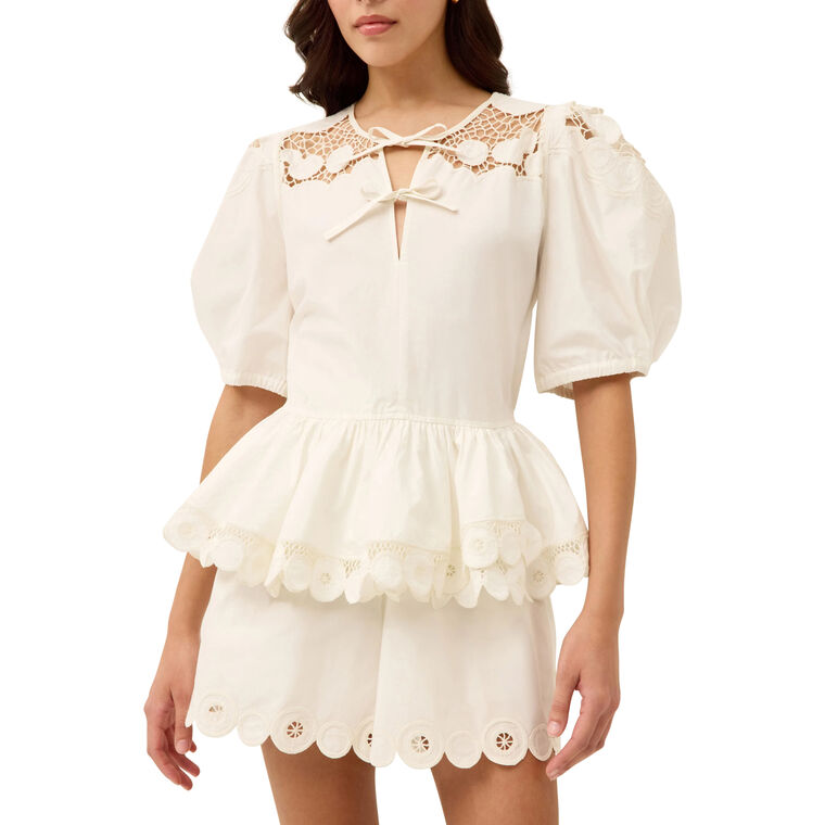 Lucile Puff Sleeve Scalloped Embroidery Peplum Top image number null