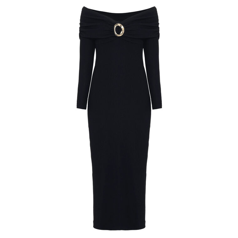 Grace Knit Draped Off-The-Shoulder Long Sleeve Midi Dress image number null