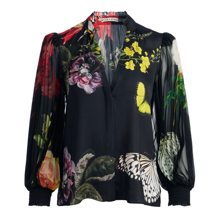 Ilan Pleated Blouson Sleeve Button Front Blouse image number null
