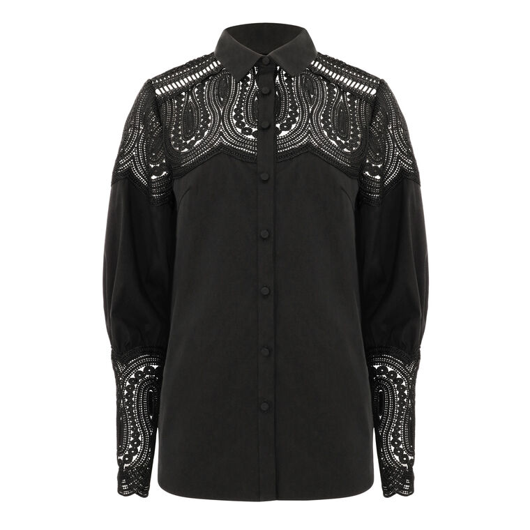 Lace Inset Cotton Poplin Button Down Top image number null