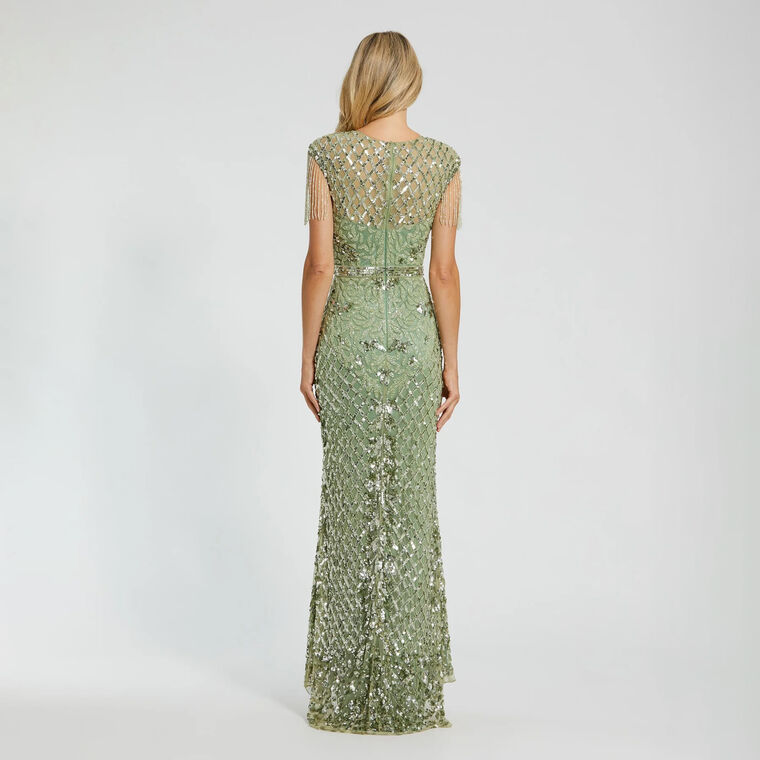 High Neck Sleeveless Beaded Fringe Fitted Gown image number null