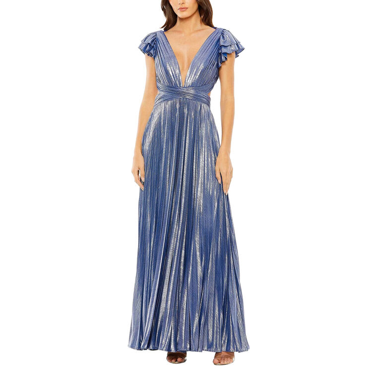 Ruffle Sleeve Cutout Pleated Metallic Gown image number null