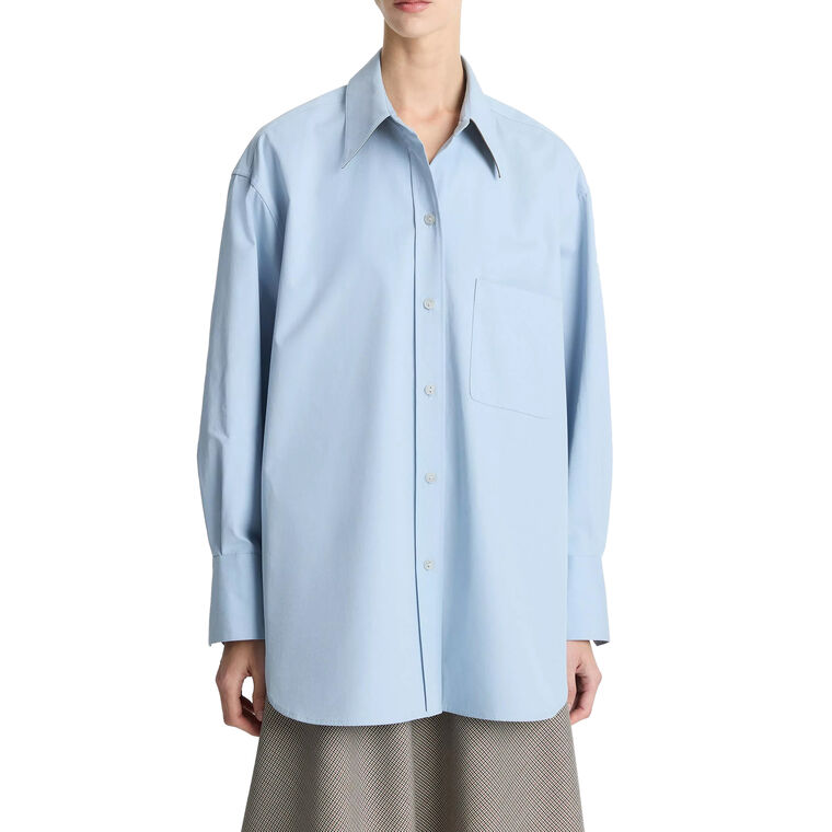 Long Sleeve Oversized Button-Front Cotton Shirt With Faux Leather Trim image number null