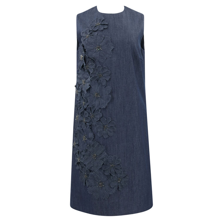 Boat Neck Arak Denim Dress With Floral Spray image number null