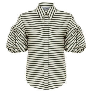 Striped Bubble Sleeve Silk Twill Button Down Shirt