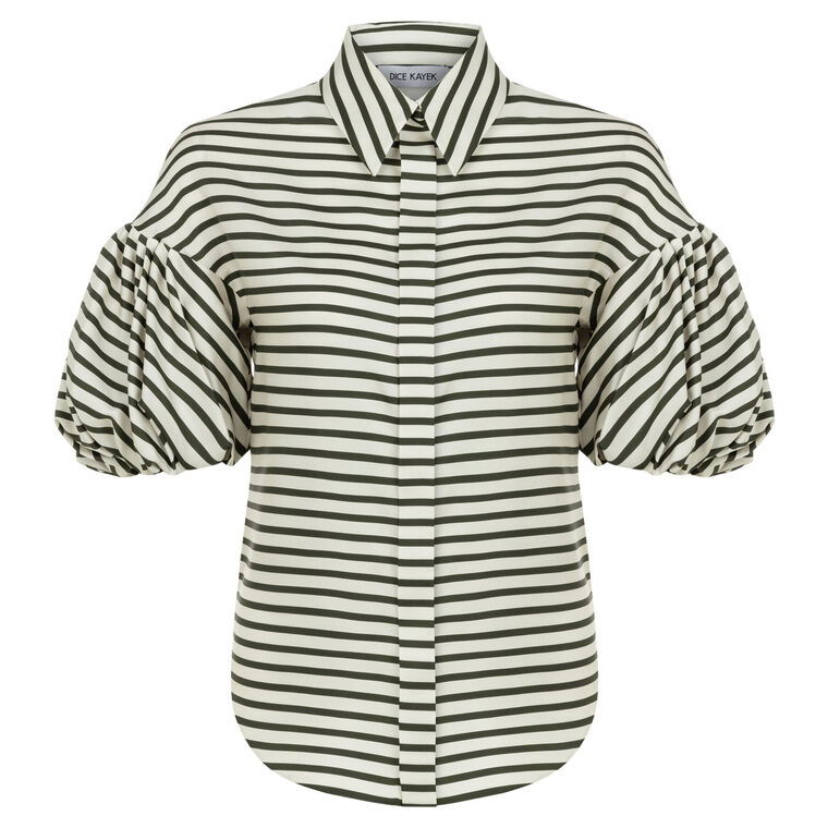 Striped Bubble Sleeve Silk Twill Button Down Shirt image number null