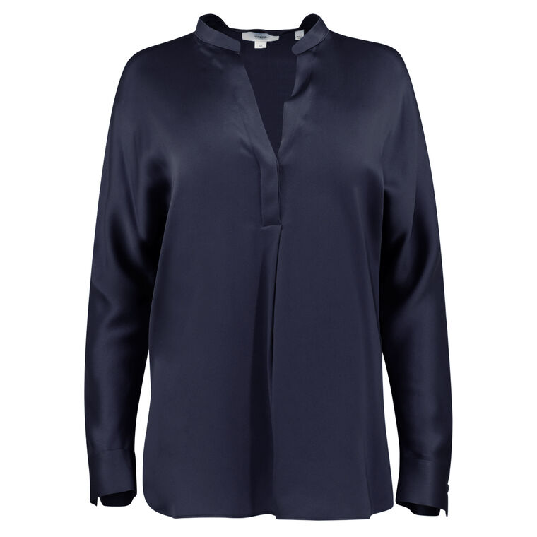 Long Sleeve Silk Satin Band-Collar Blouse image number null