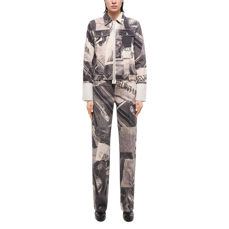 Cuffed Zip Printed Denim Trucker Jacket image number null