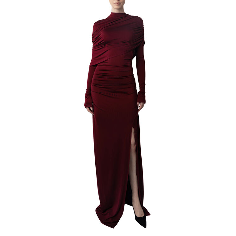 Long Sleeve Jersey Asymmetrical Shawl Draped Gown image number null