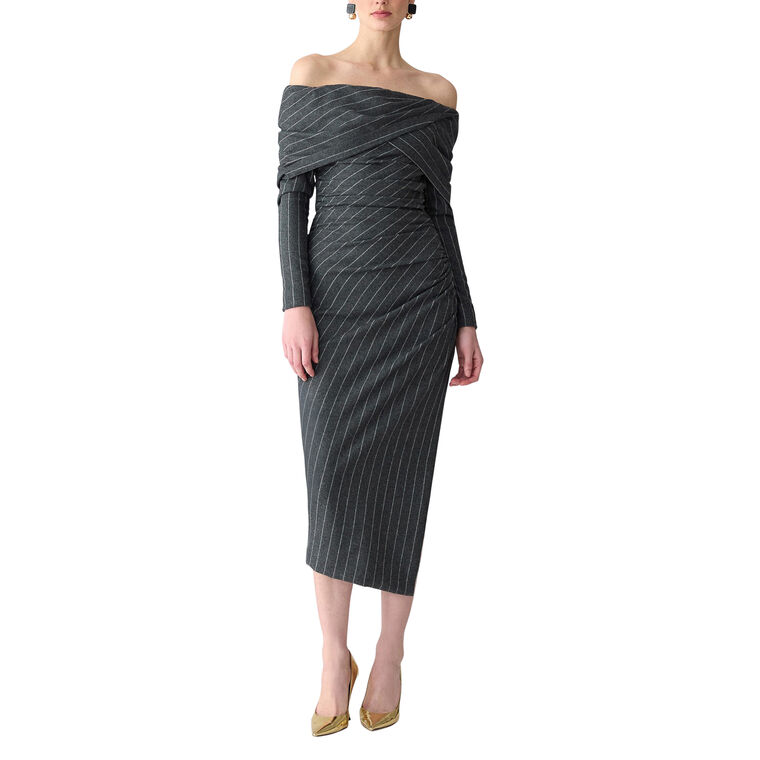Long Sleeve Off-Shoulder Gathered Pinstripe Midi Dress image number null