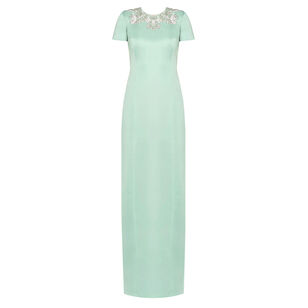 Sorelia Short Sleeve Floral Beaded Satin Column Gown