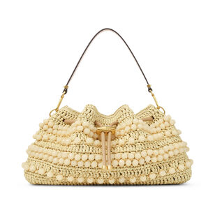 Cinch Beaded Raffia Bucket Bag