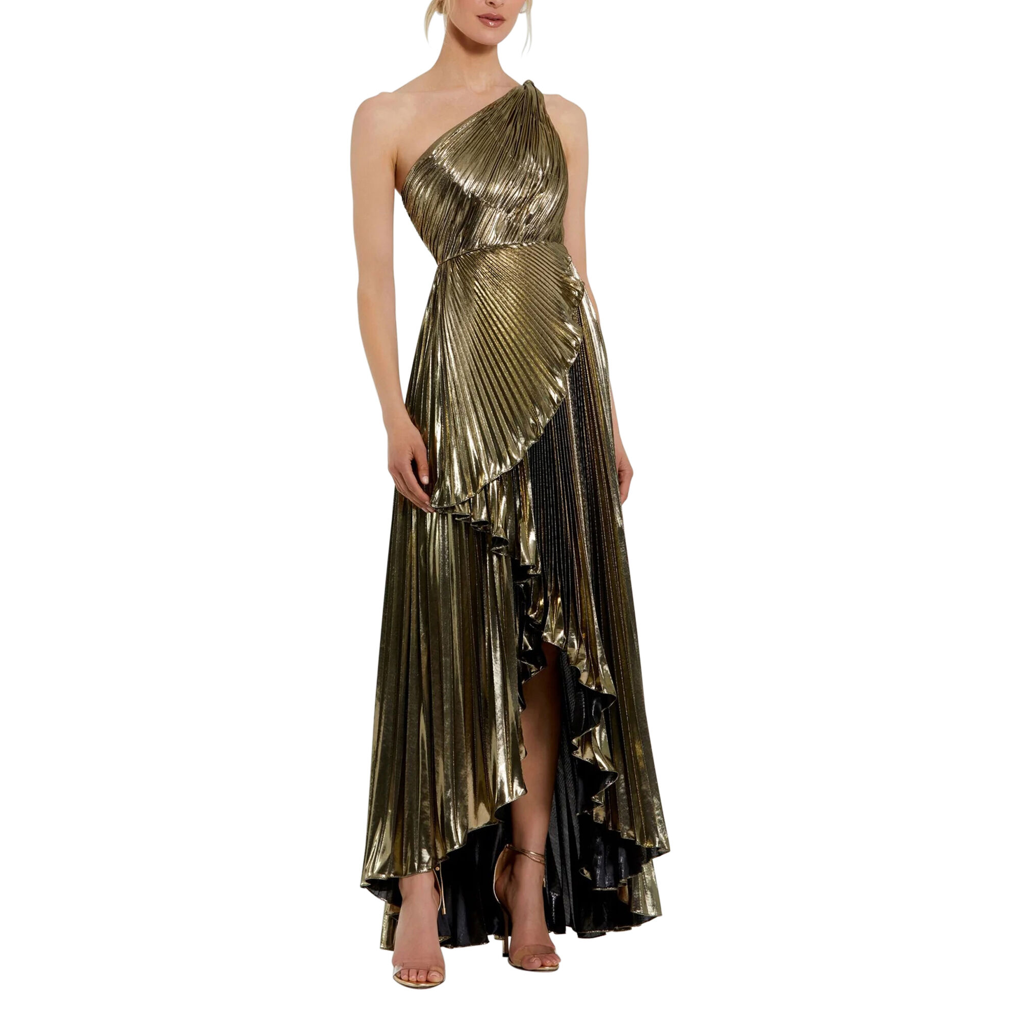 【MAC DUGGAL】ロングドレス ゴールド Aライン プリーツ 無地 Pleated Metallic One Shoulder High Low Gown
