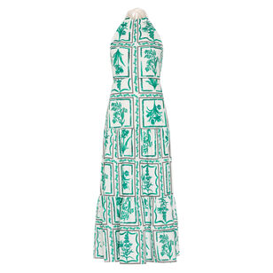 Hayden Sleeveless Halterneck Flora Tile Tiered Linen Midi Dress