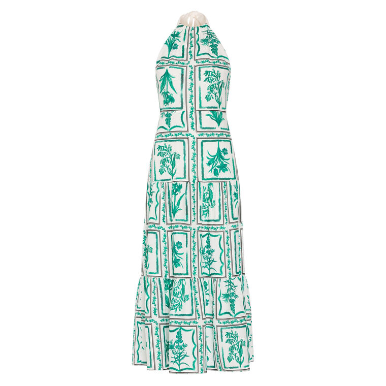Hayden Sleeveless Halterneck Flora Tile Tiered Linen Midi Dress image number null