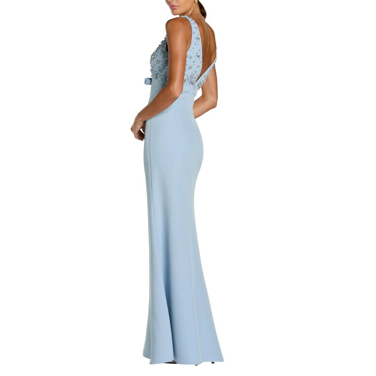 Sleeveless Beaded Crepe V-Neck Gown With Bow image number null