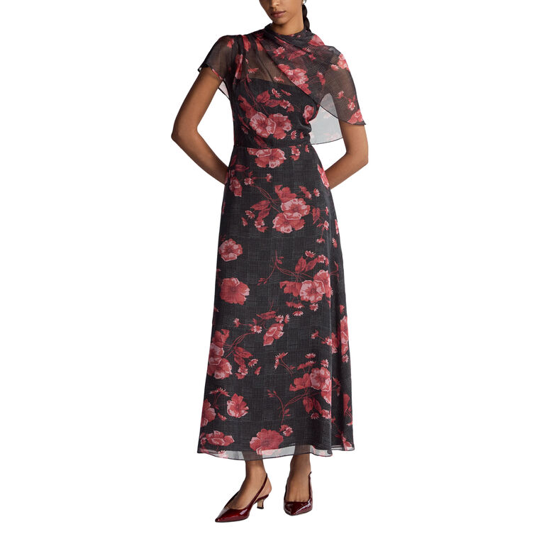 Floral Printed Glenn Plaid Draped Chiffon Dress image number null