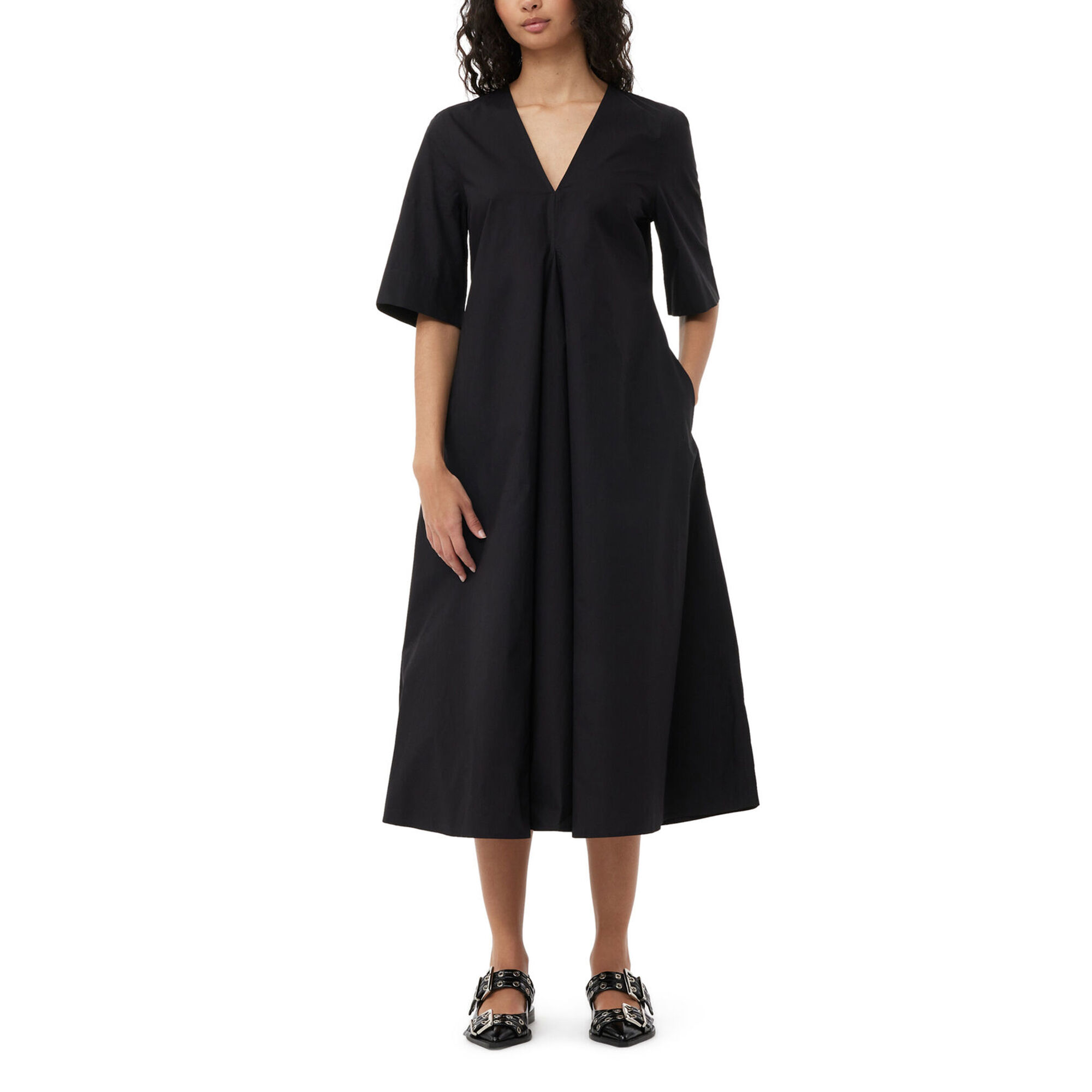 Ganni ■Cotton Poplin V-Neck Maxi Dress - Black Black Cotton Poplin V-Neck Long Dress | GANNI