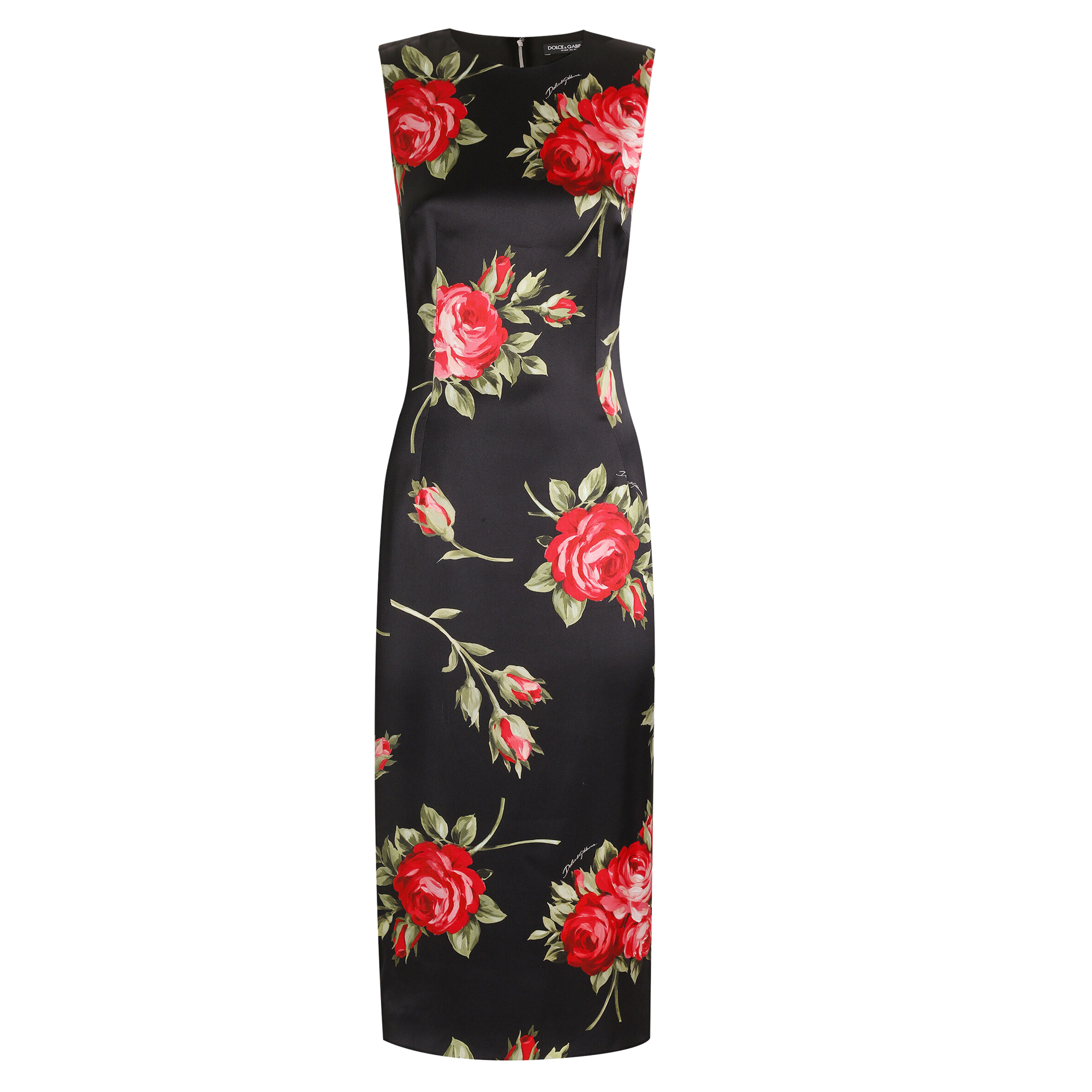 Rose-Bouquet Print Satin Midi Dress
