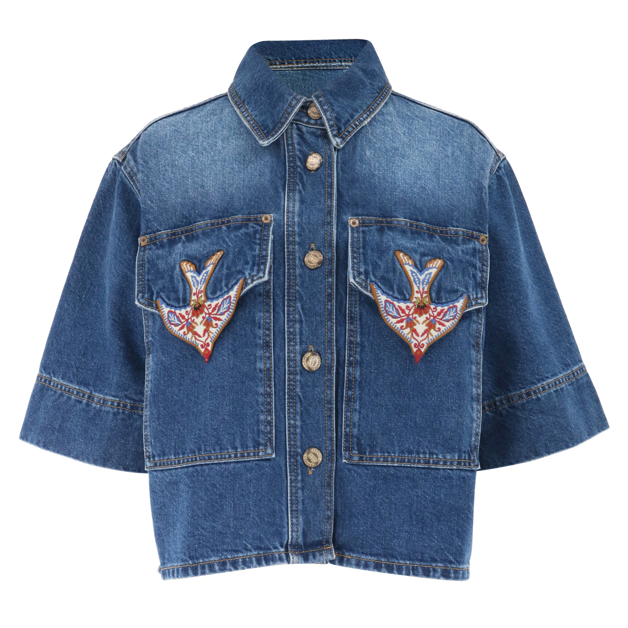 Porcelain Birds Embroidered Denim Shirt