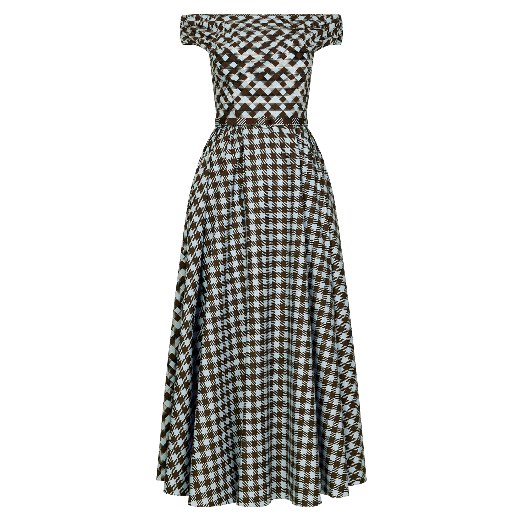 Off-The-Shoulder Belted Gingham Cotton Poplin Midi Dress
