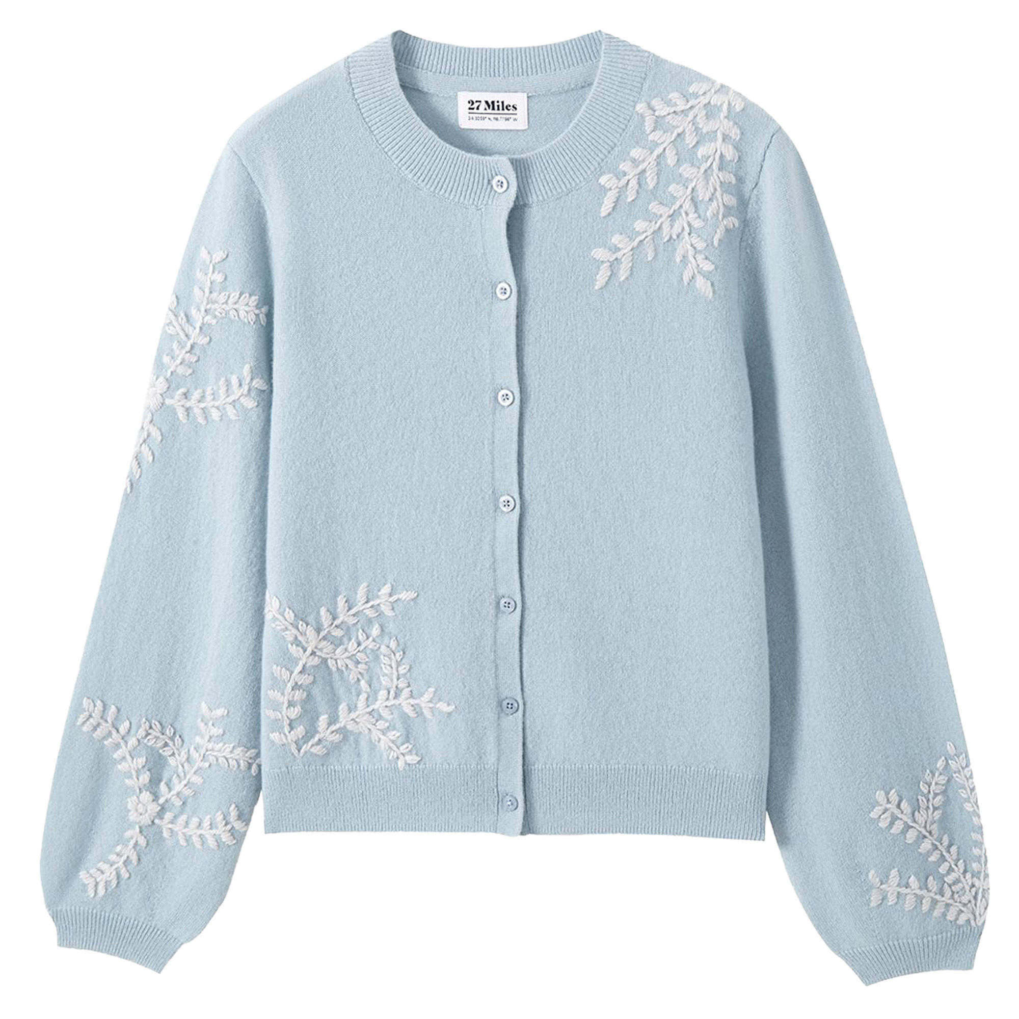 Lilah Cashmere Floral Embroidery Lantern Sleeve Cardigan